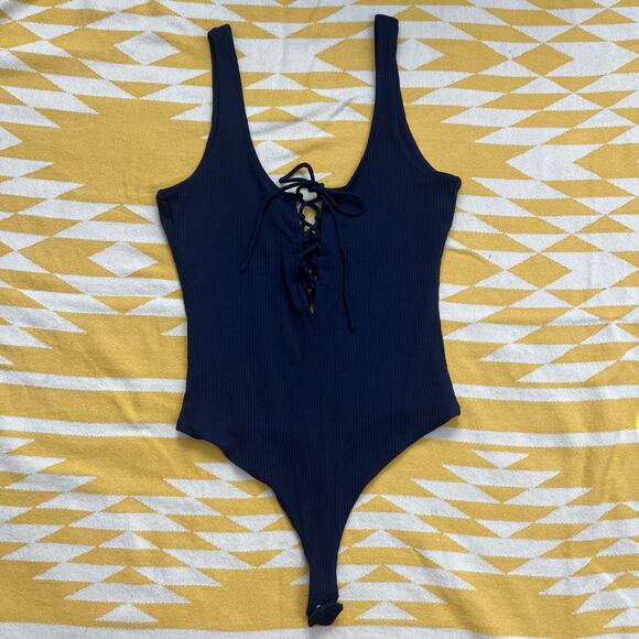 Privacy Please Lace Up Scoop Neck Tank Top Ribbed Bodysuit - Navy Blue - Small - Picture 1 of 5